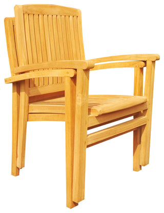 9-Piece Outdoor Teak Dining Set: 72" Round Table, 8 Wave Stacking Arm Chairs