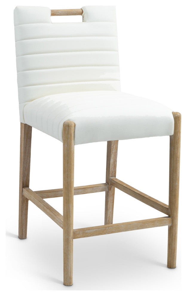 Aimee Upholstered Counter Stool, Cream, Vegan Leather, Natural Oak Finish