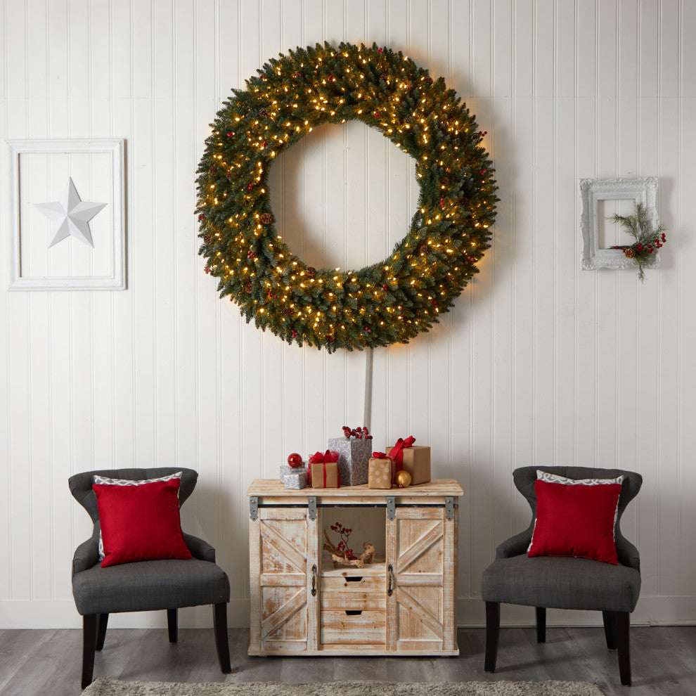 5' Large Flocked Faux Xmas Wreath W/Pinecones, Berry, Lights & Bendable Branches