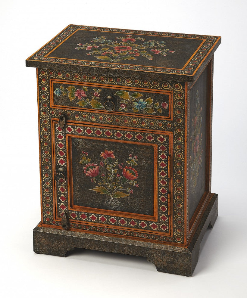 Black And Gold Vintage Hand Painted One Drawer Accent Chest
