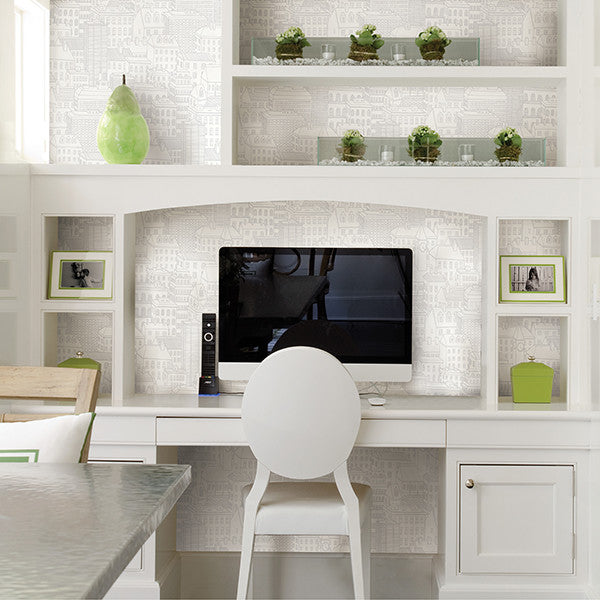 Illustrated Cityscape Wallpaper, White & Gray, Sample