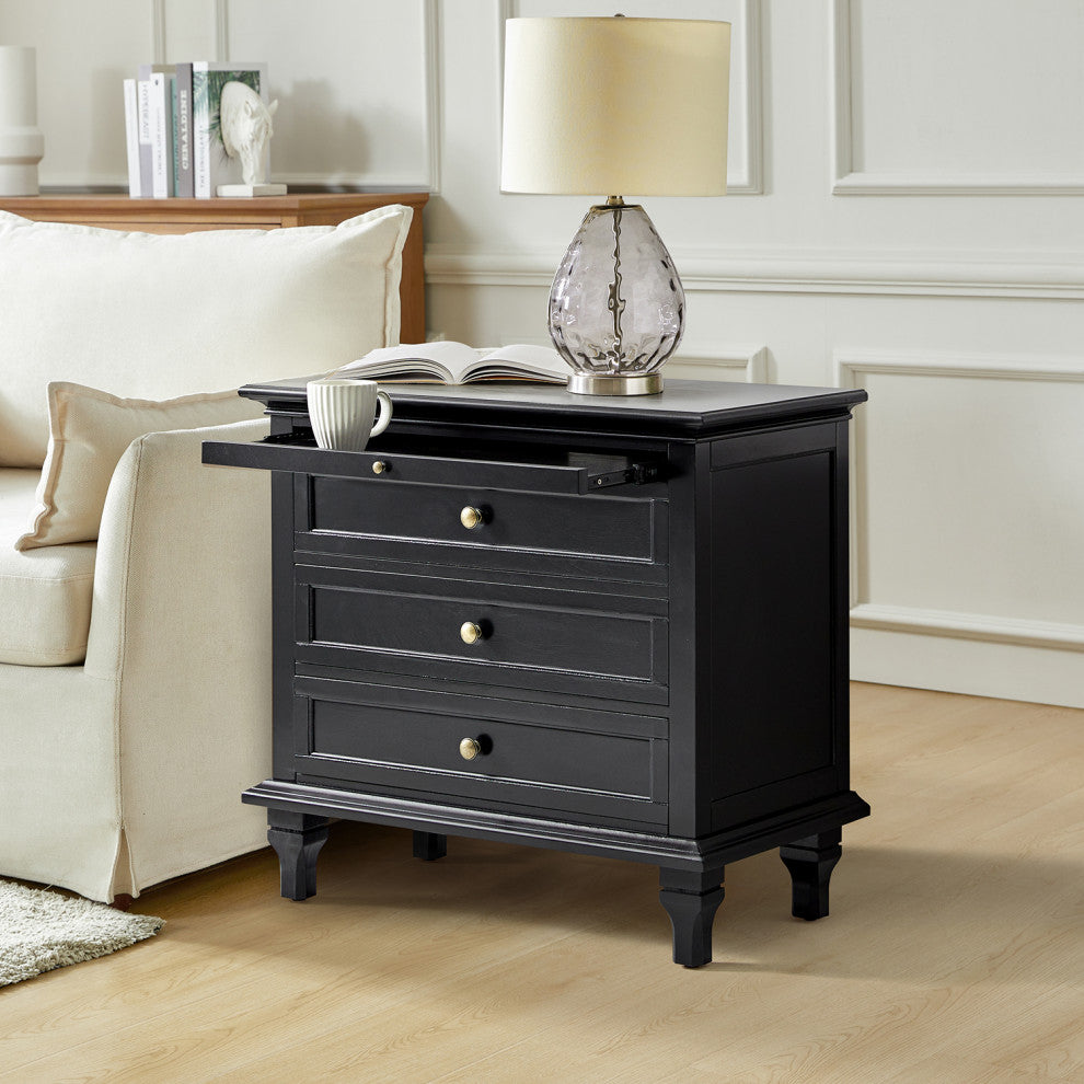 3-Drawer Nightstand With  Built-In Outlets, Black