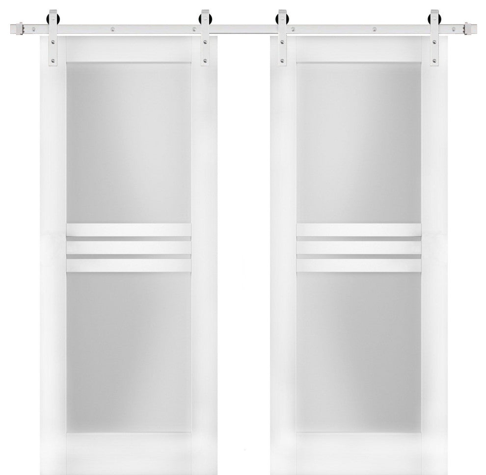 Double Barn Doors Opaque Glass 4 Lites / Mela 7222 White Silk / Silver 13FT Rail, 72" X 96" ( 2* 36x96)