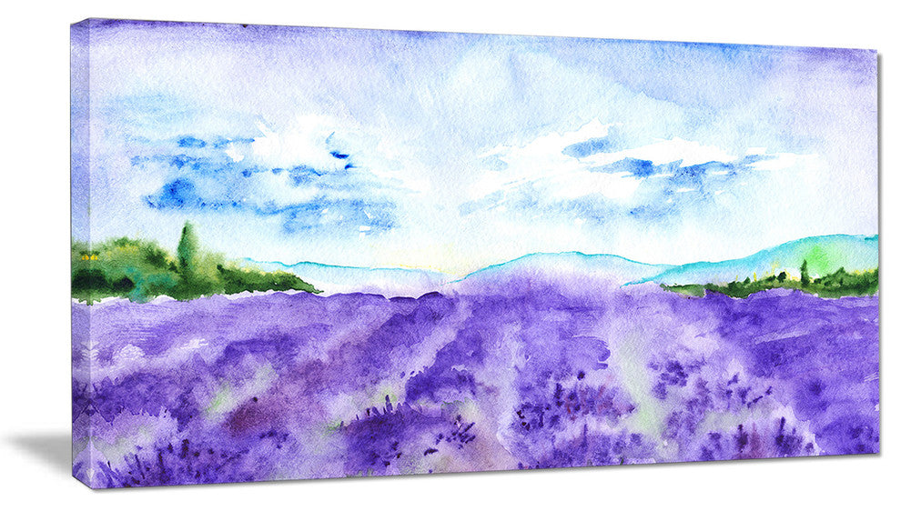 Blue Lavender Fields Watercolor, Landscape Canvas Art Print, 32"x16"