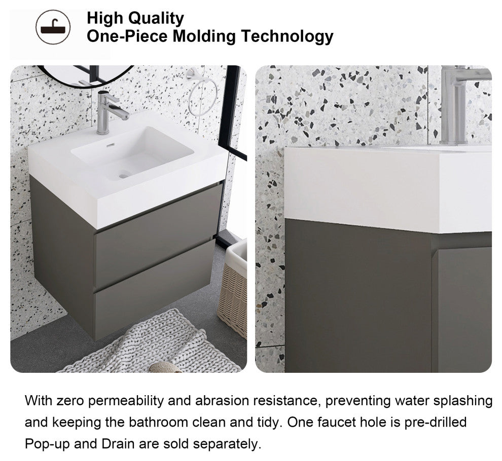 Wood Wall-Mounted Bathroom Vanity Set with Integrated Resin Sink, Grey, 24"