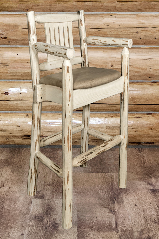 Captain's Barstool, Clear Lacquer Finish With Upholstered Seat, Buckskin Pattern