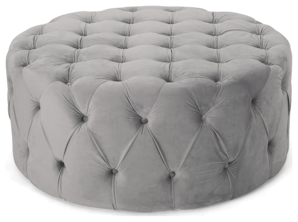 GDF Studio Limosa Round Tufted Velvet Ottoman, Gray