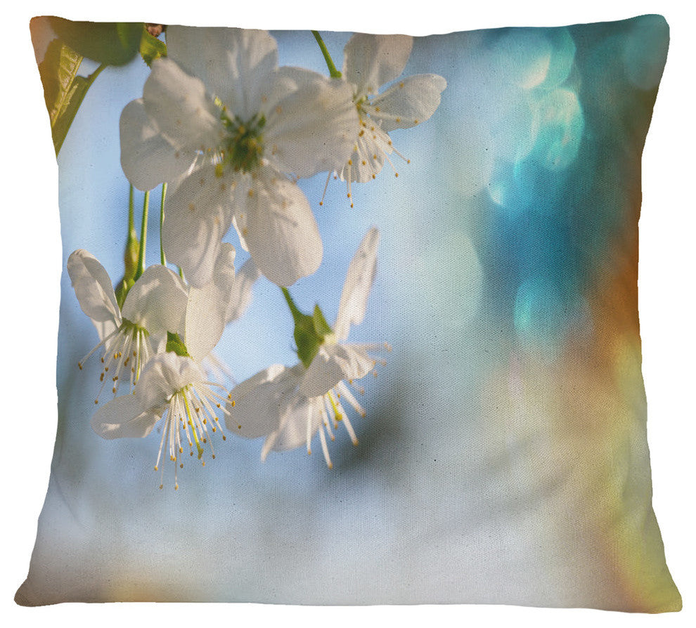 White Blossoming Cherry Tree Floral Throw Pillow, 16"x16"