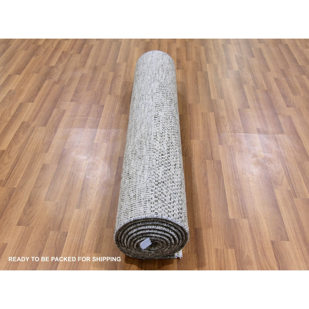 Metallic Gray Grass Design Undyed Wool Hand Knotted Wide Runner Rug 4'1"x12'1"