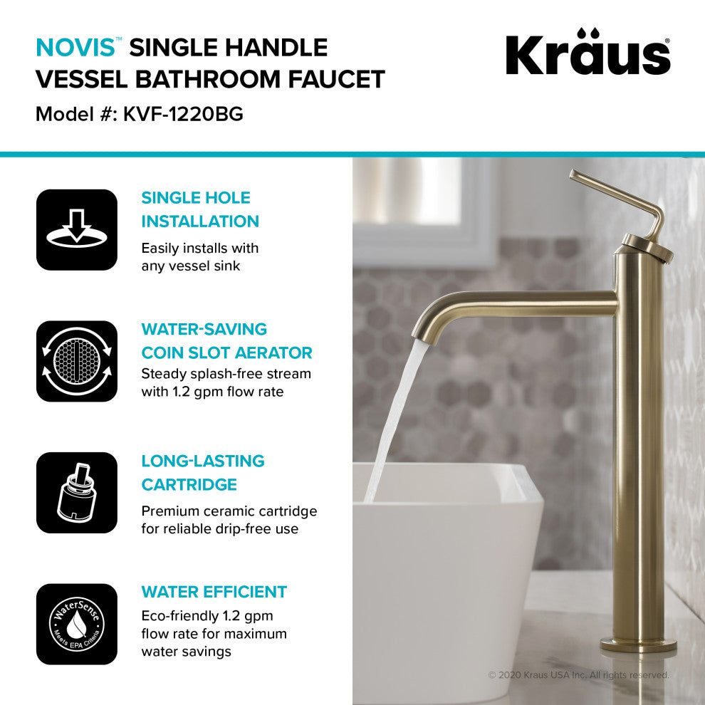 Kraus Ramus Single Handle Vessel Faucet, Pop Up Drain, Brushed Gold, Set of 2