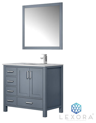 Jacques 36" Vanity, Wht Carrara Marble Top w/ 34" Mirror, Dark Grey, Right