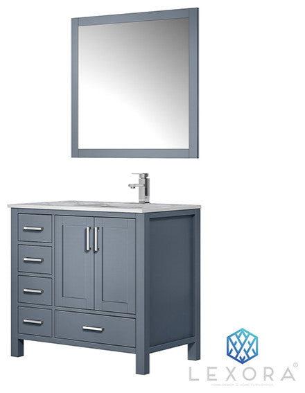 Jacques 36" Vanity, Wht Carrara Marble Top w/ 34" Mirror, Dark Grey, Right