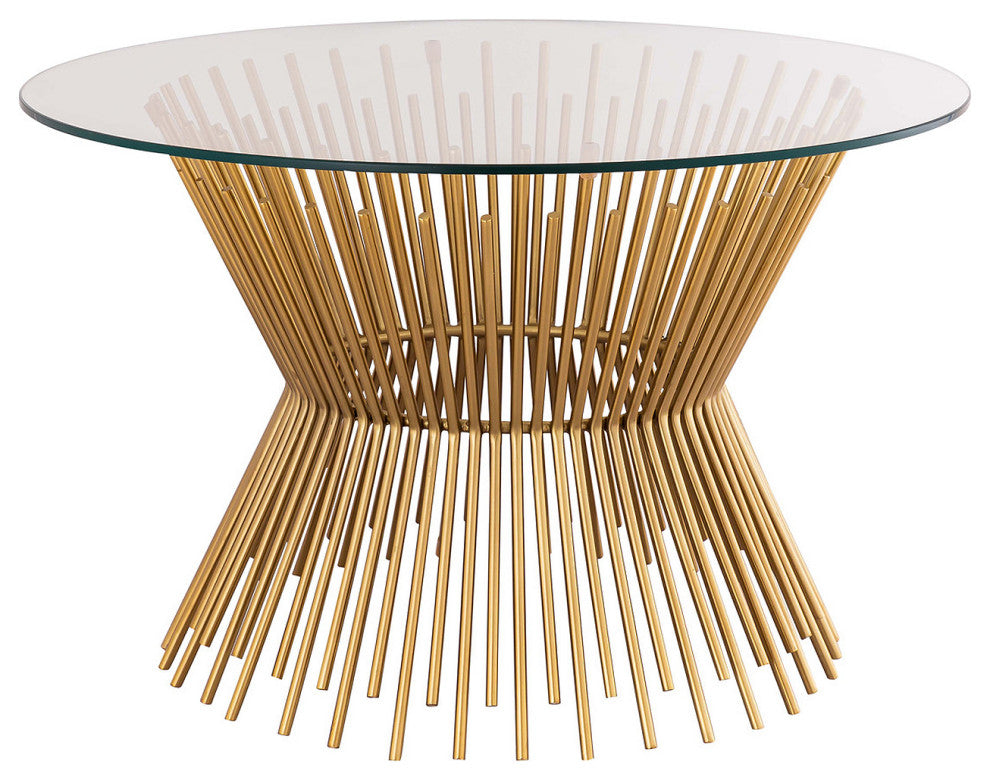 Gold Wire Coffee Table, 33" Round Glass Top Coffee Table, Glam Cocktail Table