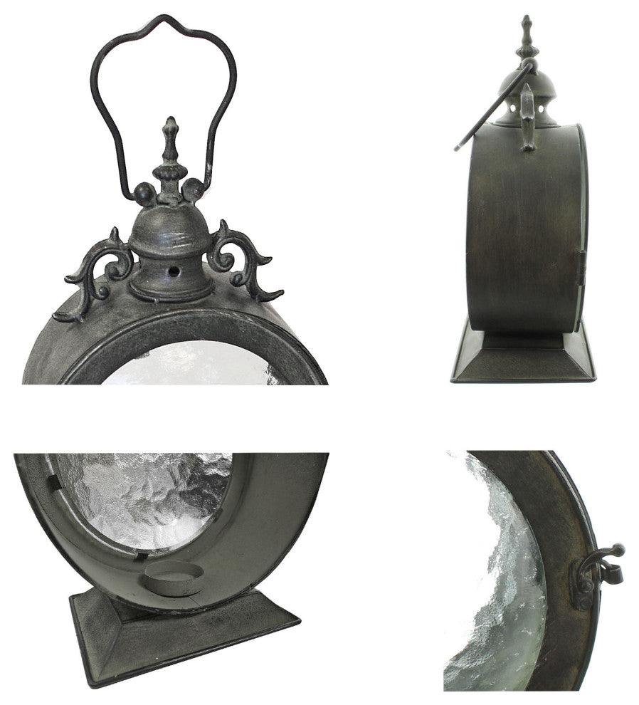 Metal Round Hanging Candle Lantern, Curved Glass Insert