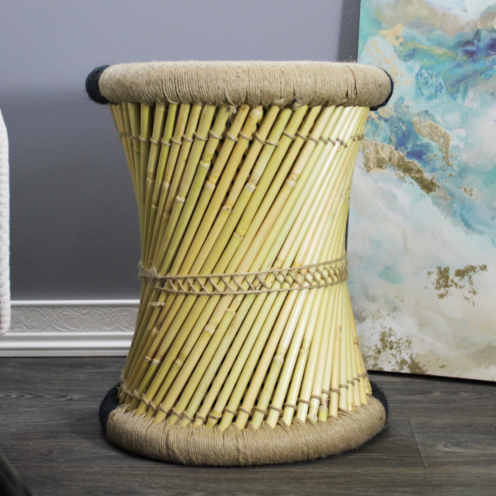 Natural Geo Moray Decorative Handwoven Jute Accent Stool, Black Striped