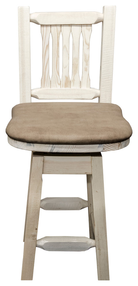 Homestead Bar Stool, Back and Swivel, Buckskin Upholstery, Clear Lacquer Finish