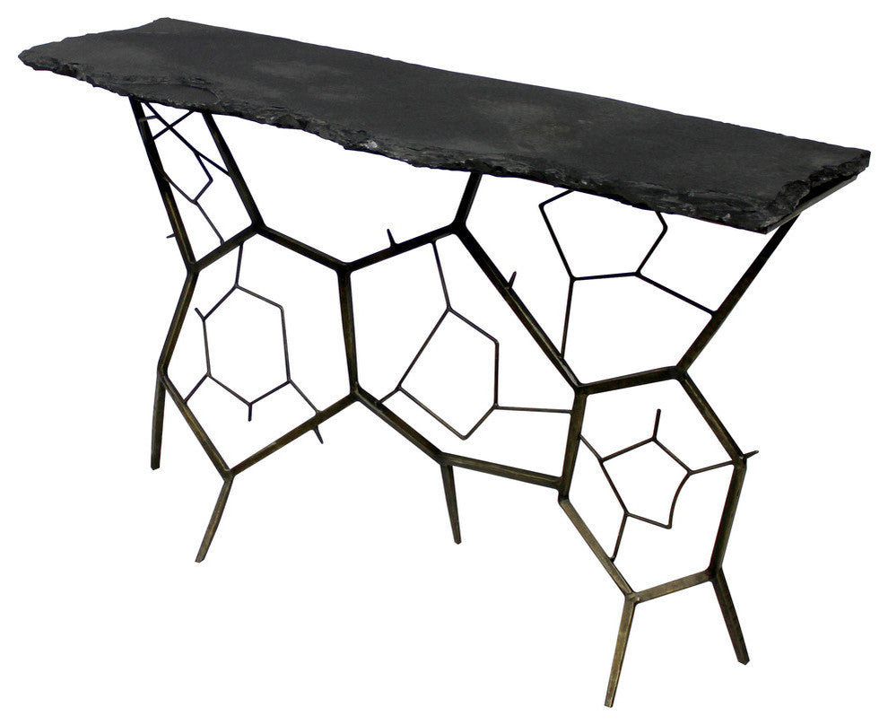 Orlando Collins Console Table With Live Edge Stone Top On Iron Base