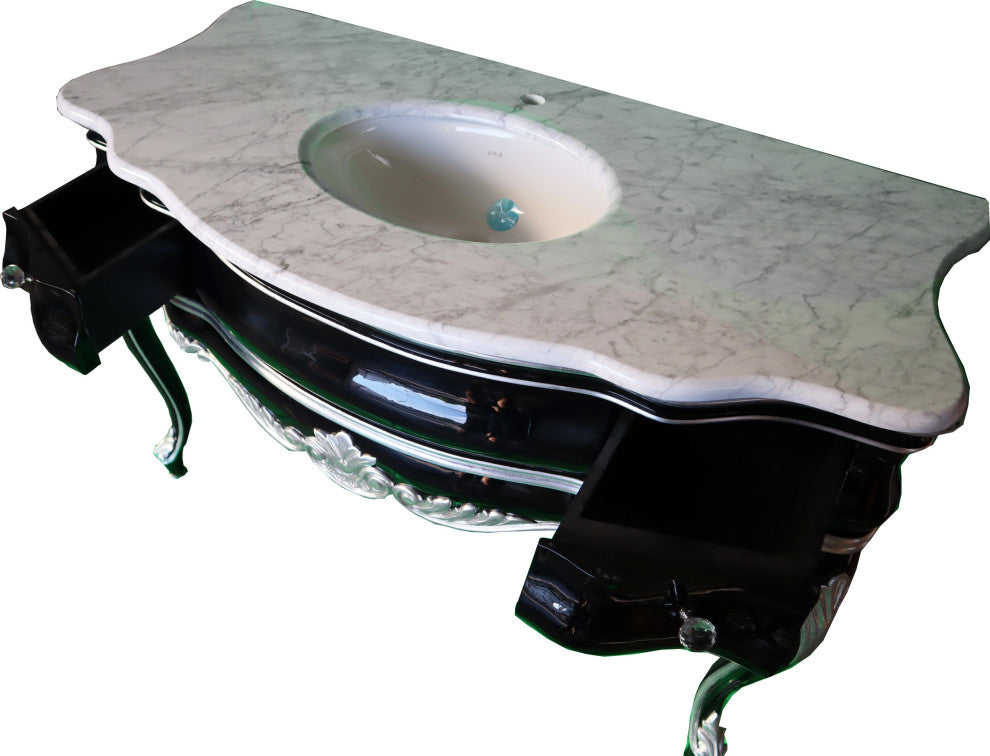 Handmade 48'' Single Bath Vanity, Italian Marble Top, Solid Wood, Mirror, Black