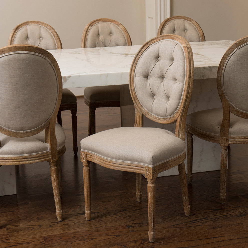 French Chic Vintage Style Dining Side Chair With Upholstered Linen Welted Fabric, Button Back