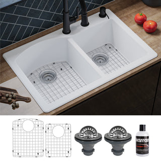 Karran Drop-In Quartz 33" 1-Hole 60/40 Double Bowl Sink Kit, White