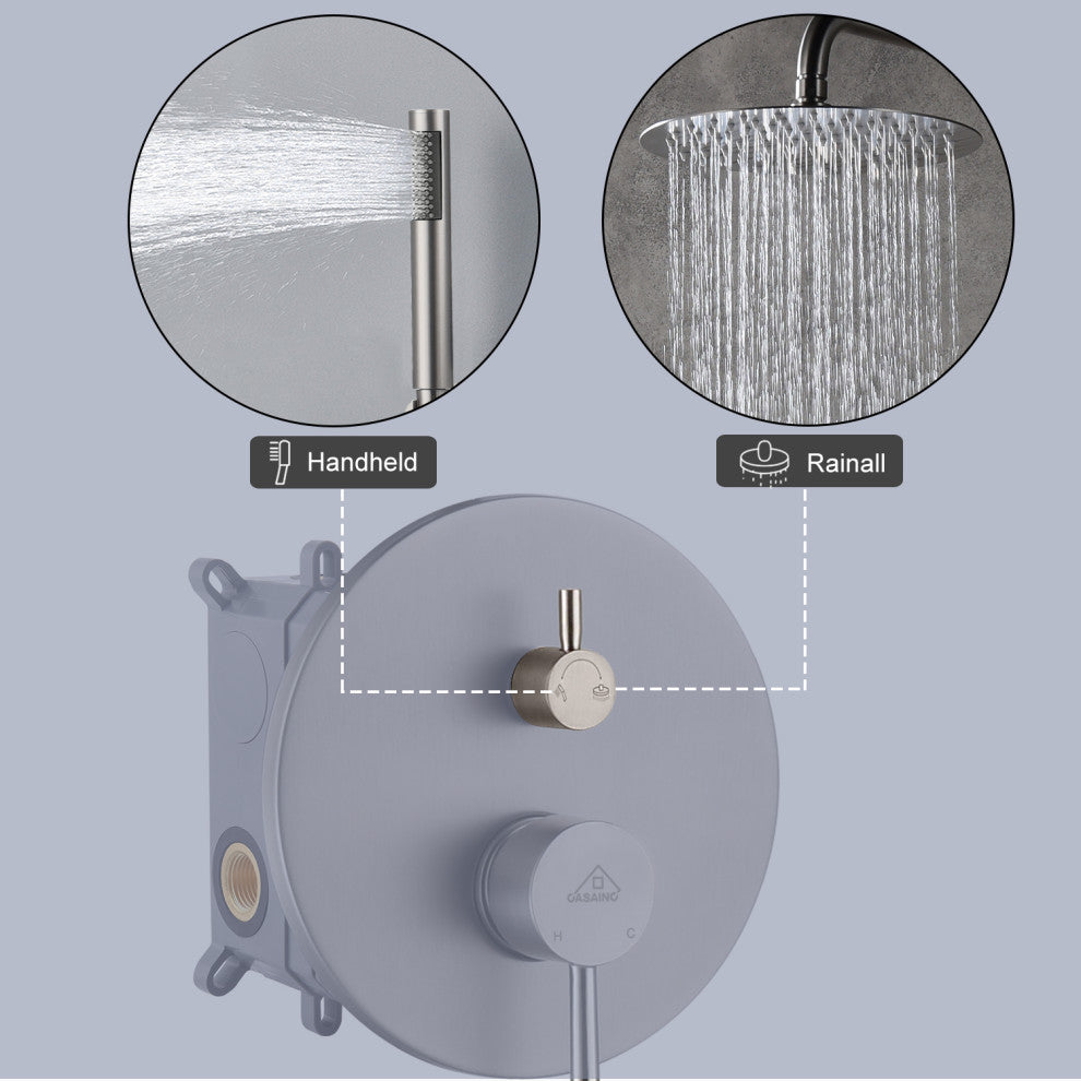 CASAINC 10" Round Wall Mounted Luxury Rain Shower System with Handheld Spray, Brushed Nickel