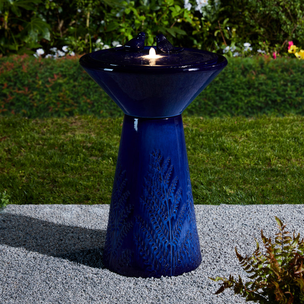 Cobalt Plant Pattern Pedestal Ceramic Fountain