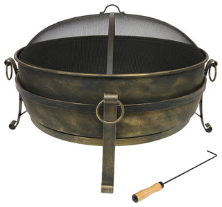 Sunnydaze Large Black Steel Cauldron Outdoor Fire Pit With Spark Screen, 34"