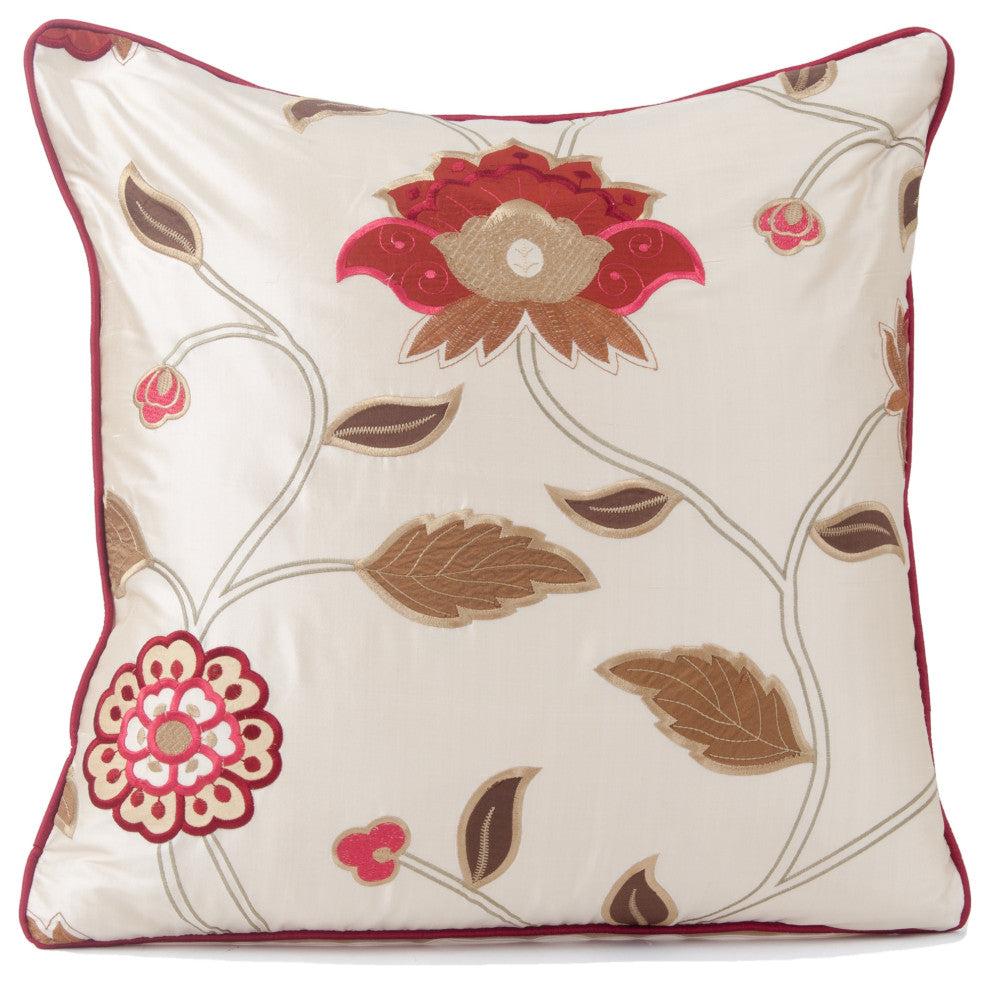 Floral silk accent pillow cover, embroidered silk cover in cream and red , 18x18