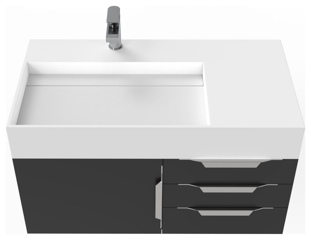CastelloUSA Amazon 36" Wall Mount Vanity Set, Black, White Top, Chrome Handles