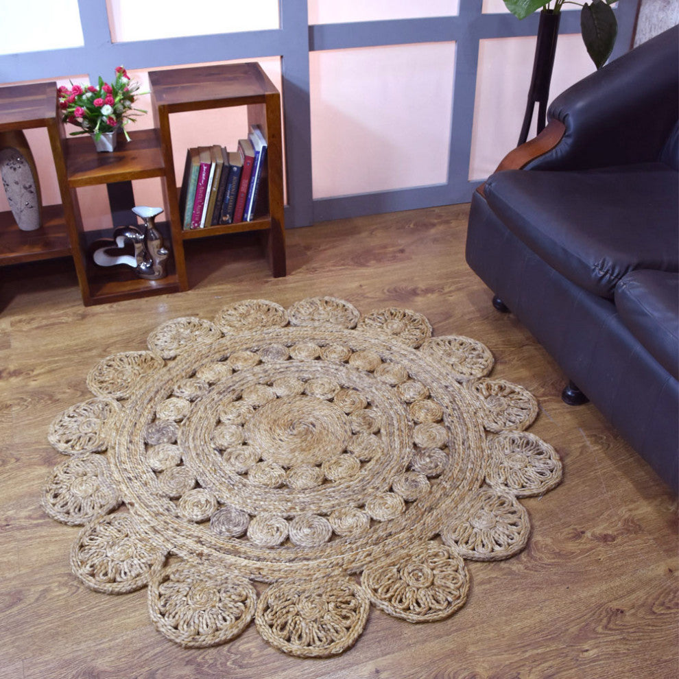 Hand Woven Jute Eco-friendly Area Rug Oriental Beige, [Round] 5'x5'