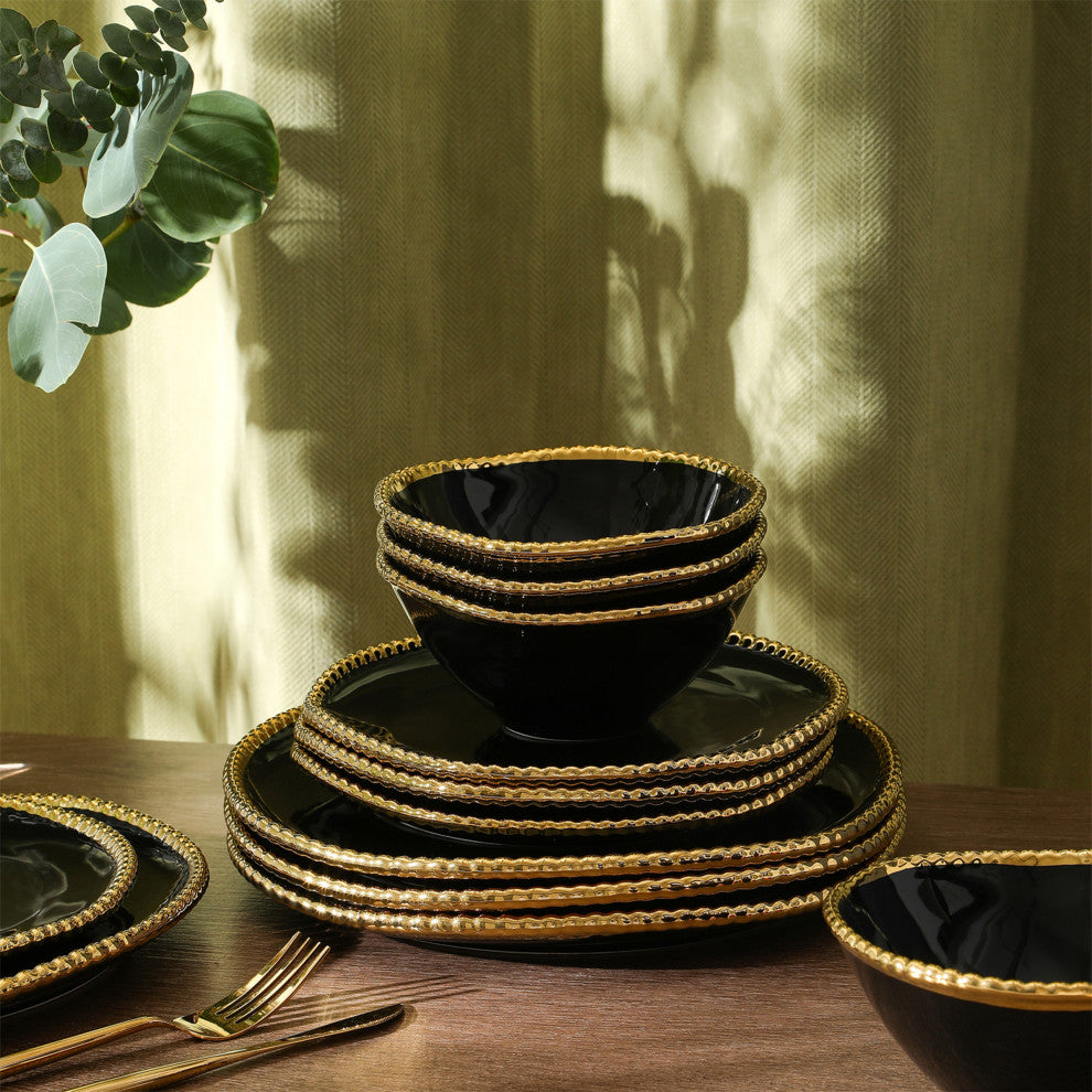 Christian Siriano Akoya Porcelain 24-Piece Dinnerware Set, Black