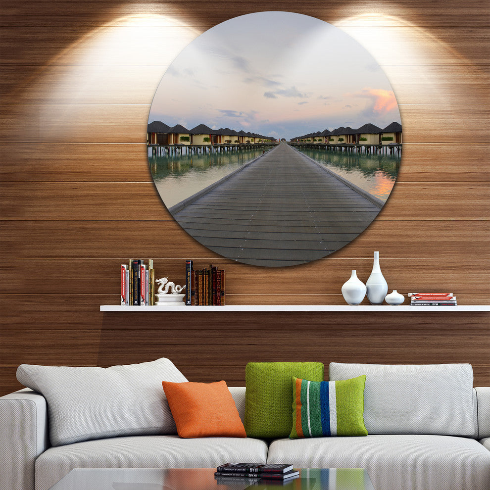 Wooden Bridge To Water Home Villas, Bridge Round Metal Wall Art, 23"