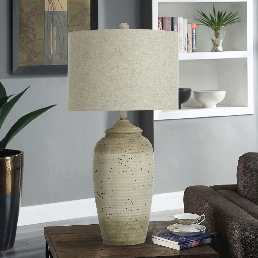 Charlotte Polyresin Table Lamp 32"H, Taupe, Speckled Finish, Sand Linen Shade