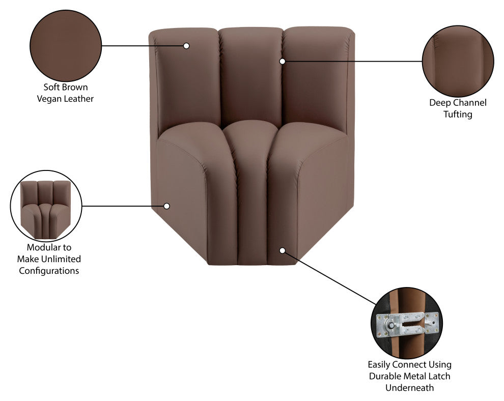 Arc Upholstered Modular Component, Brown, 1-Piece: Curved Corner, Vegan Leather
