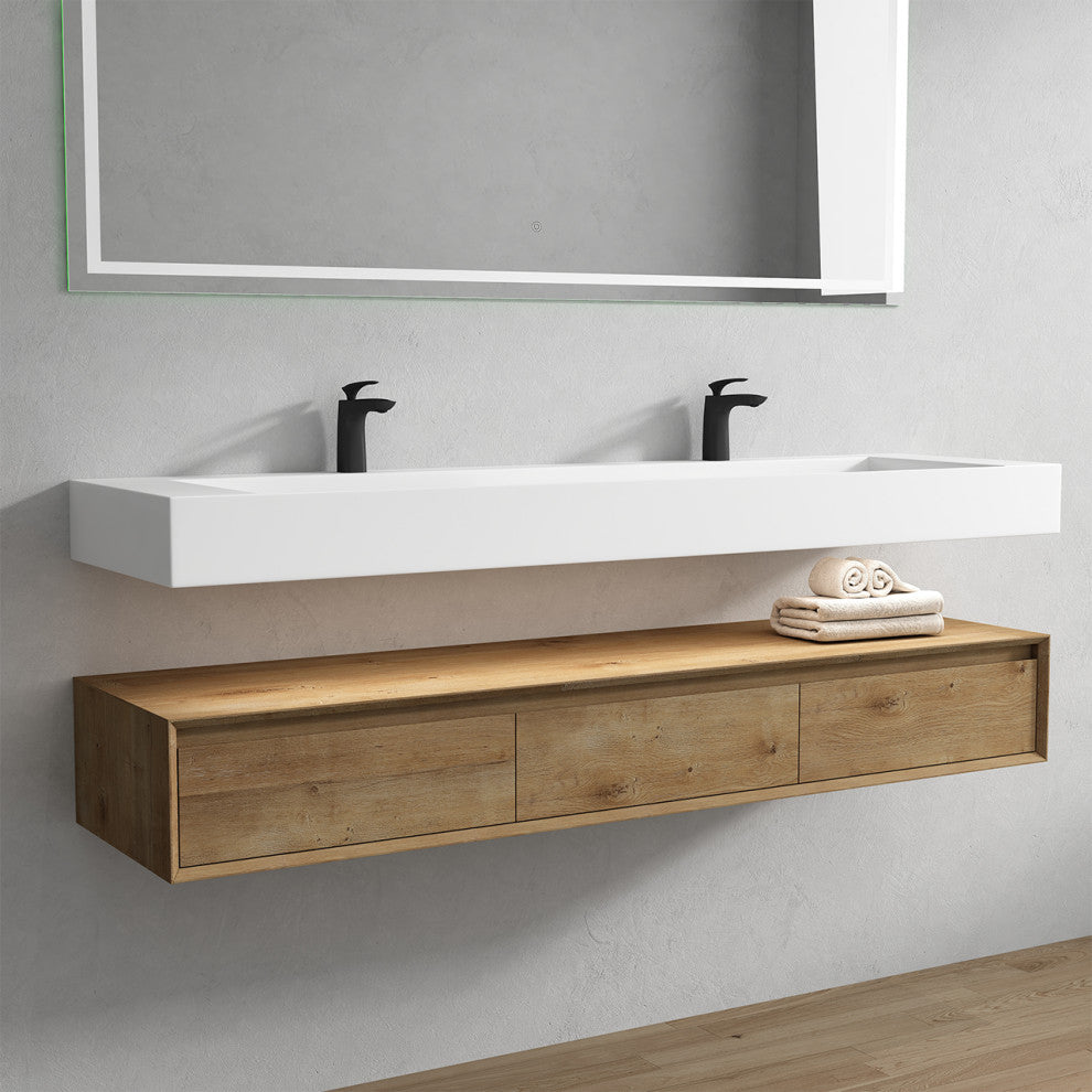Alysa 72" Floating Bath Vanity, Acrylic Sink/Double Faucet Hole, White Oak