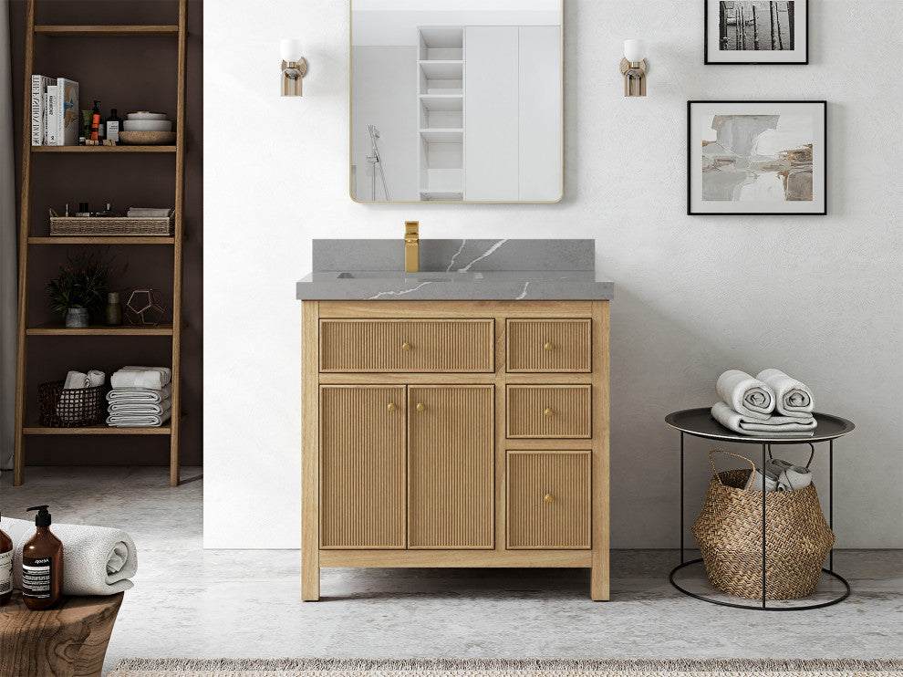 Sonoma Teak 36 Left Offset Bath Vanity in Light  Natural with 2" Piatra Gray