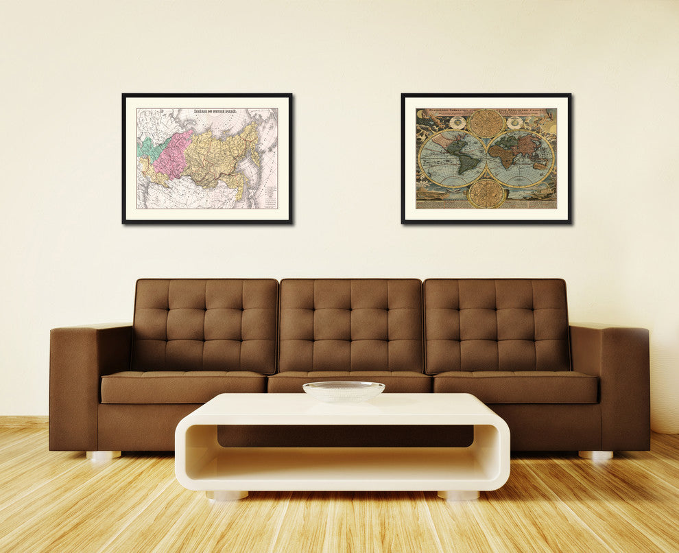 Russia, Siberia Vintage Map Print On Canvas With Picture Frame 28" X 37"