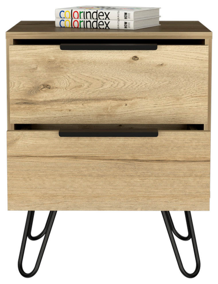 Nuvo 22-inch Tall Nightstand, 2 Drawers, and Hairpin Legs, Light Oak
