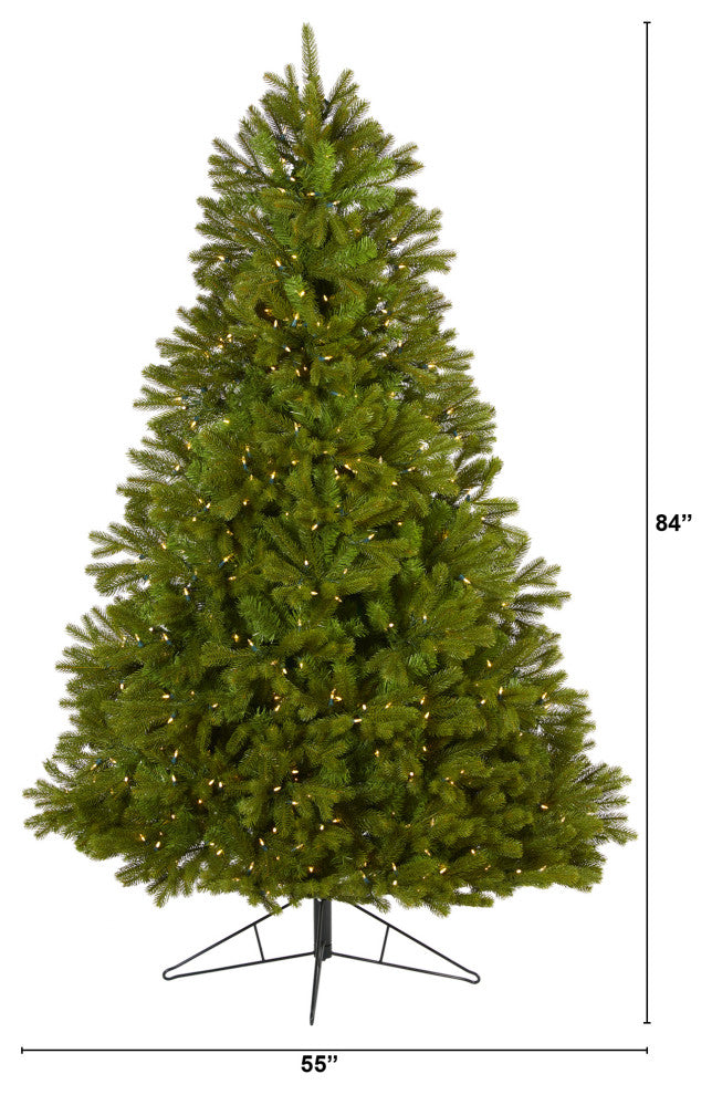 7' Cambridge Spruce Flat Back Faux Xmas Tree W/500 White, Multifunction Lights