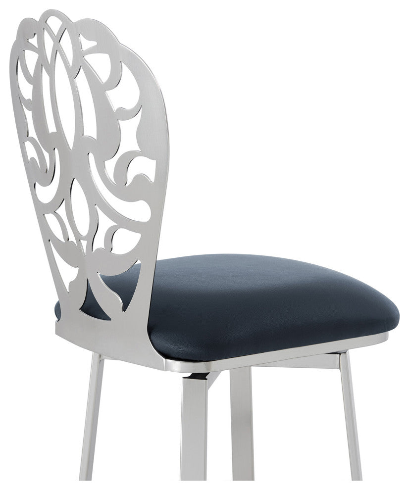 30" Gray Faux Leather Scroll Brushed Stainless Steel Swivel Bar Stool