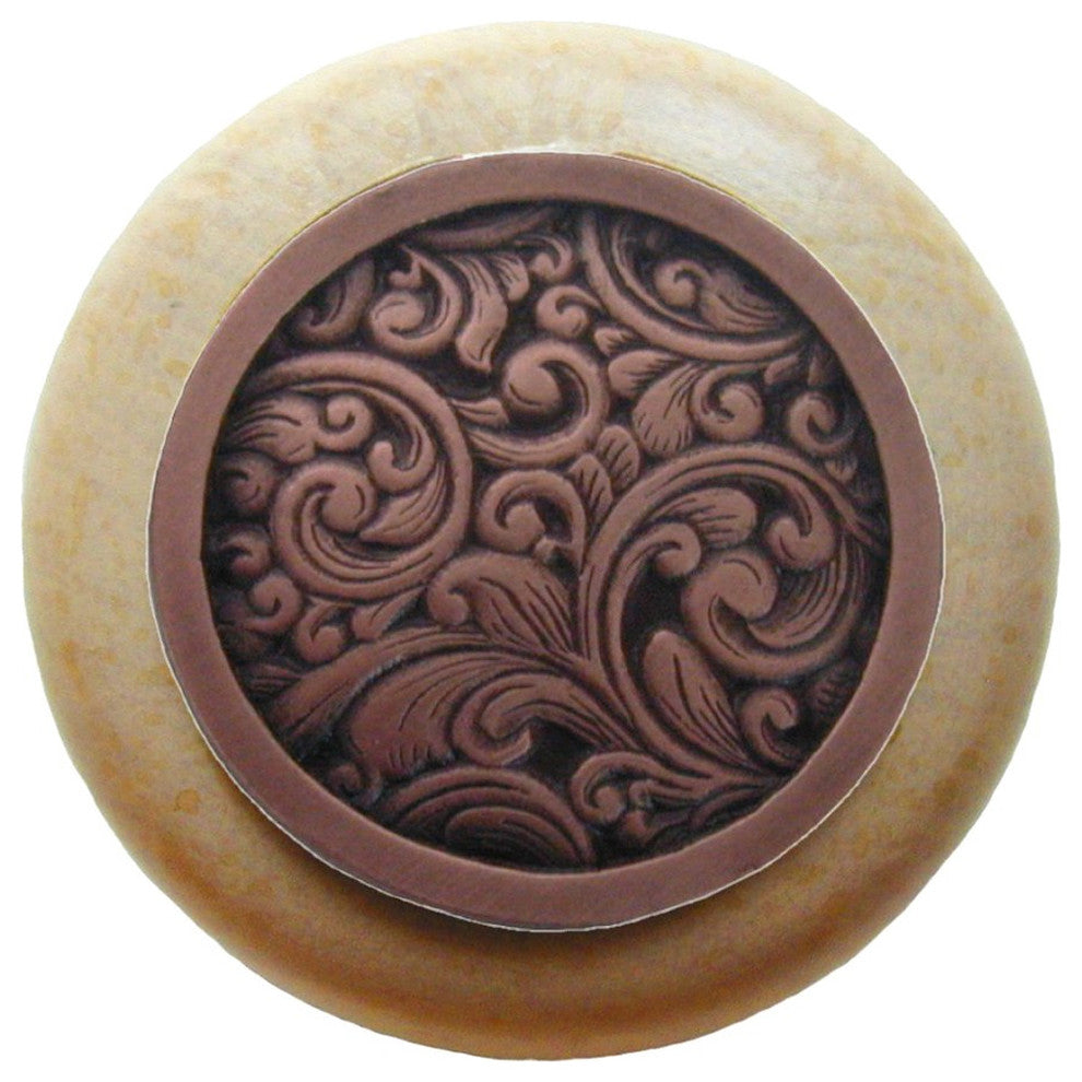 Saddleworth Wood Knob, Antique Brass, Natural Wood Finish, Antique Copper