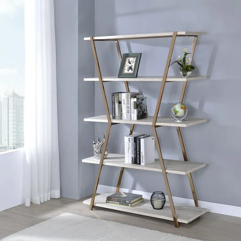 Bookcase, Unique Design With Metal Frame & Open Shelves, Champagne/ White Washed