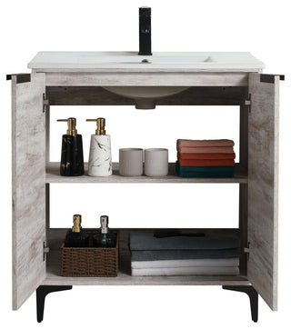 Wilmington Bath Vanity, Rustic White, 30 Inch, Black Hardware