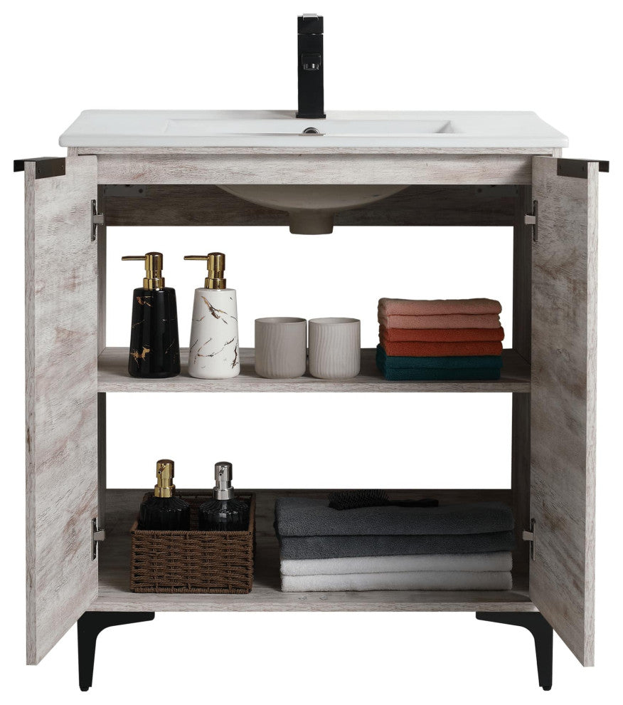 Wilmington Bath Vanity, Rustic White, 30 Inch, Black Hardware