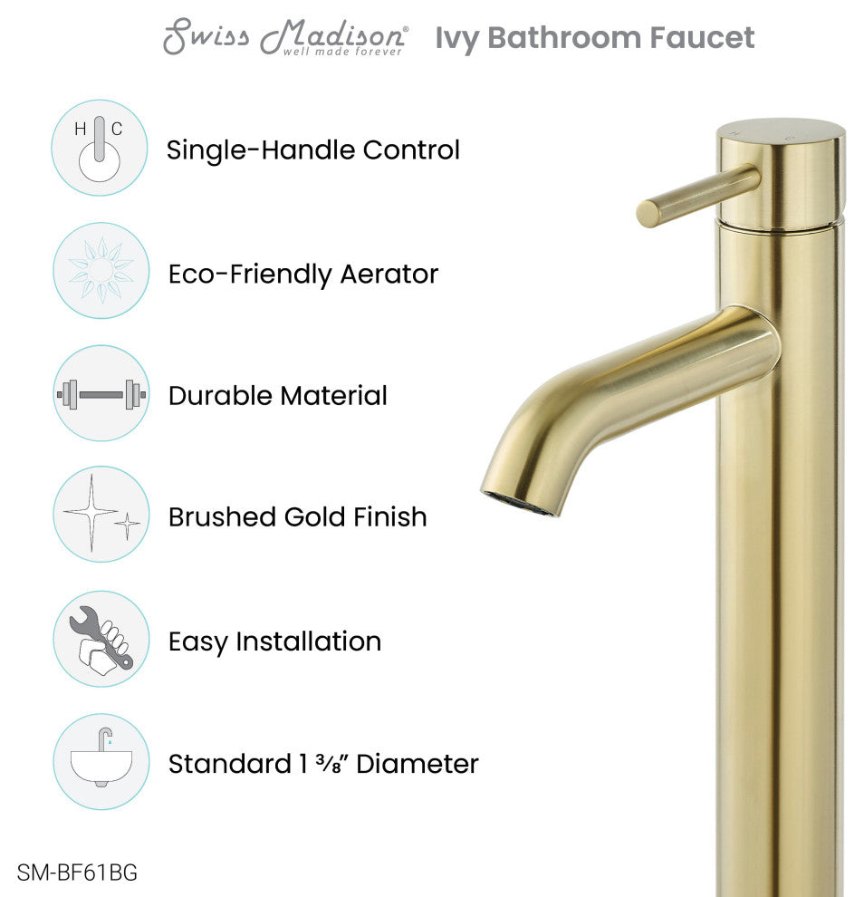 Ivy Single Hole Single Handle High Arc Bathroom Faucet, Brushed Gold