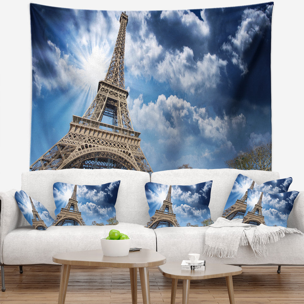 Eiffel Under Blue Sky Skyline Photography Wall Tapestry, 80"x68"