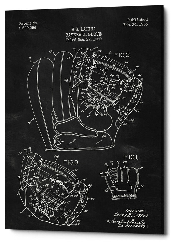 Epic Graffiti "Baseball Glove Blueprint Patent Chalkboard" Giclee Canvas,26"x40"