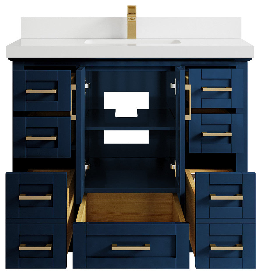 Boston 42 Single Sink Bath Vanity in Navy Blue 2" White Quartz