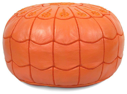 Moroccan Leather Stuffed Pouf, Orange