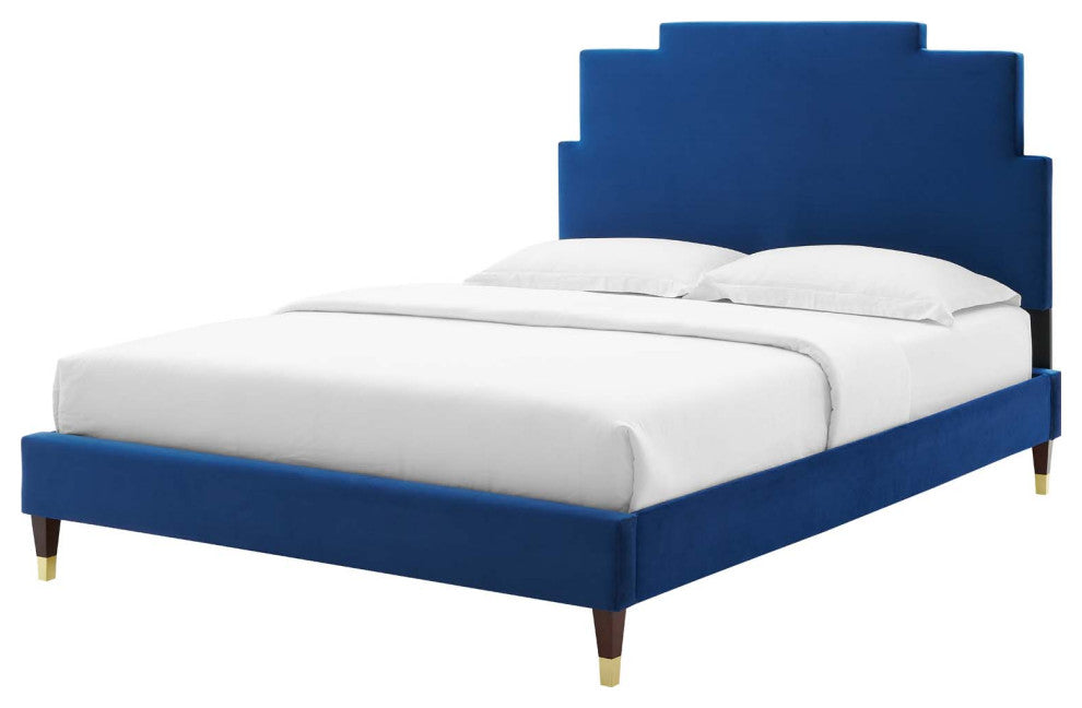 Platform Bed Frame, Queen Size, Velvet, Blue Navy, Modern Contemporary, Bedroom